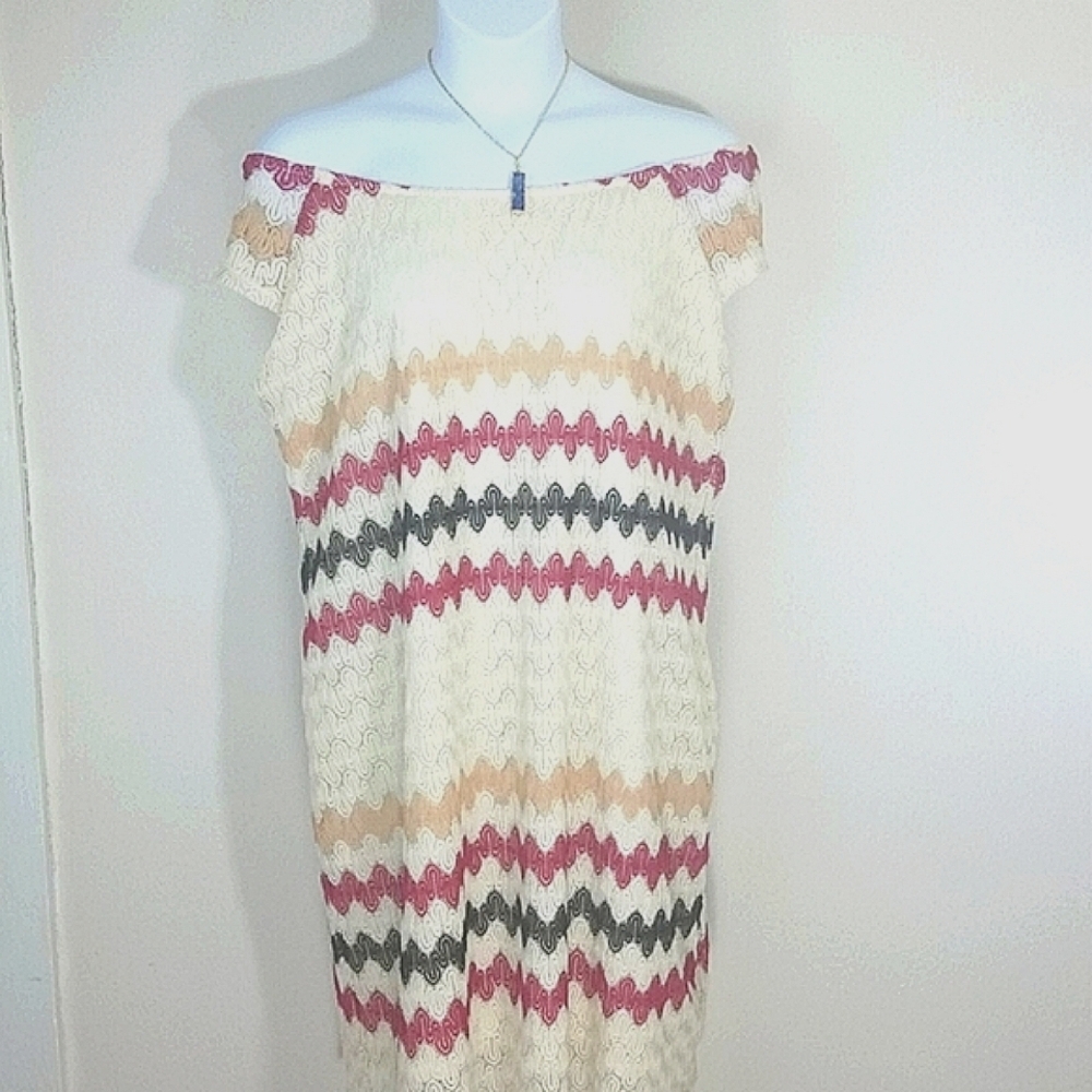 Fresh of LA 3X Ivory Lace Midi Sundress Off Shoulder Striped Cottagecore Boho